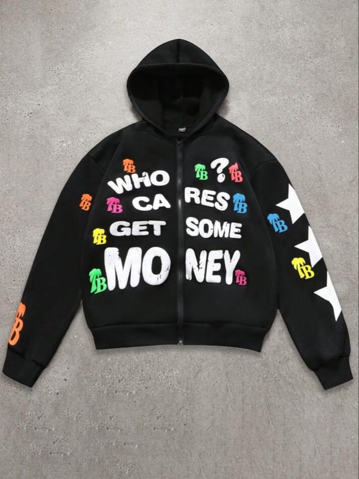 CANDY-BOY Men's Strretrust Casual Letter Graphic Print Zip-Up Hoodie